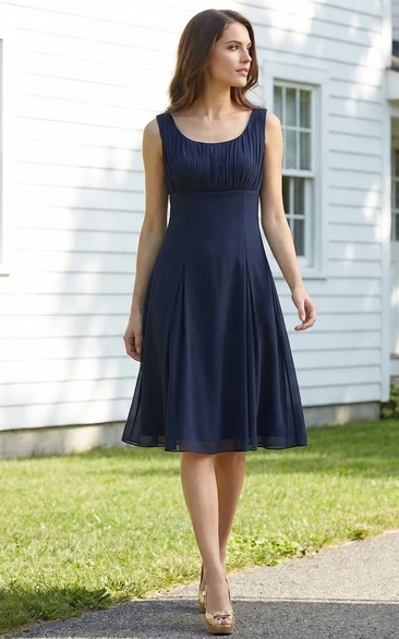 Scooped Pleated Chiffon Knee-Length Dress