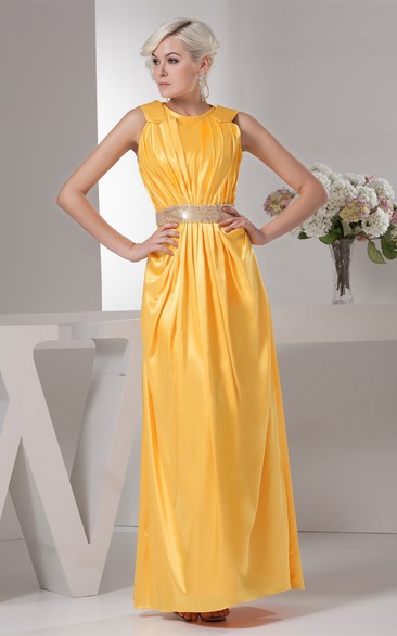 Caped-Sleeve Ankle-Length Ruched Dress With Gemmed Waist