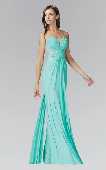 Sheath Long Sweetheart Sleeveless Chiffon Backless Dress With Ruching And Appliques