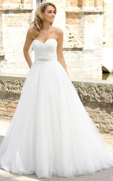 A-Line Sweetheart Jeweled Tulle Wedding Dress With Criss Cross