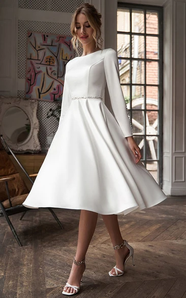 Bateau-neck Satin Long Sleeve Modest A-line Tea-length Simple Wedding Dress with Crystal Detailings
