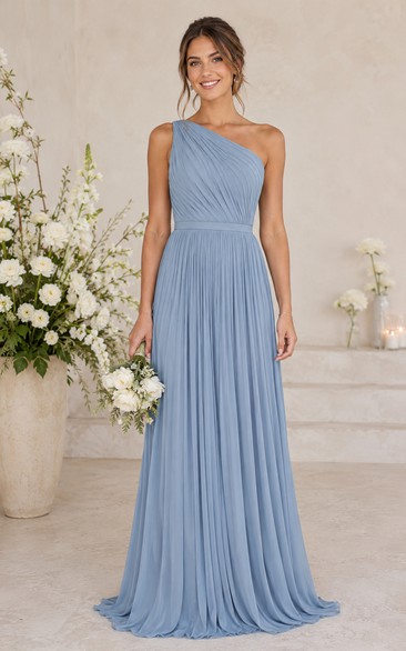 Steel Blue Pleated One-Shoulder Chiffon Bridesmaid Dress