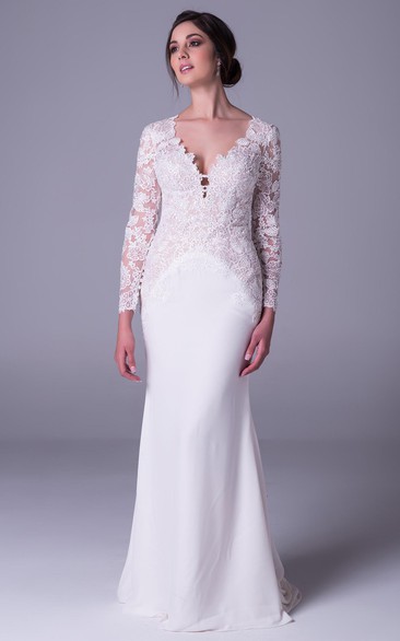 Sheath V-Neck Long-Sleeve Lace&Chiffon Wedding Dress With Keyhole