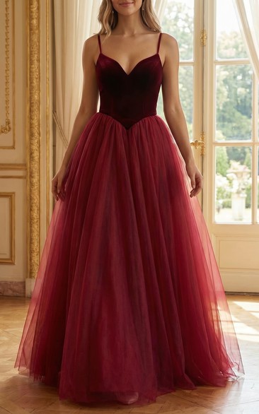 Burgundy Velvet and Tulle Ball Gown Prom Dress with Spaghetti Straps