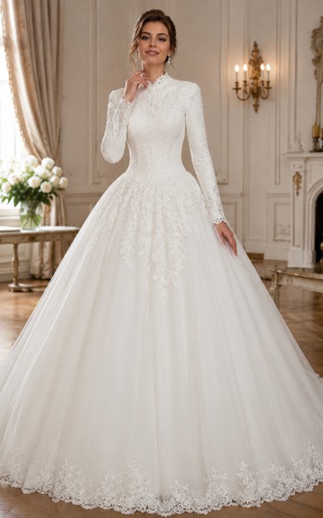 Vintage Beaded Lace High Neck Princess Wedding Dresses with Long Sleeves | Dorris Wedding Vintage Beaded Lace High Neck Princess Wedding Dresses with Long Sleeves | Dorris Wedding