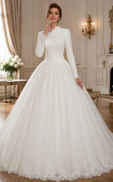 Vintage Beaded Lace High Neck Princess Wedding Dresses with Long Sleeves