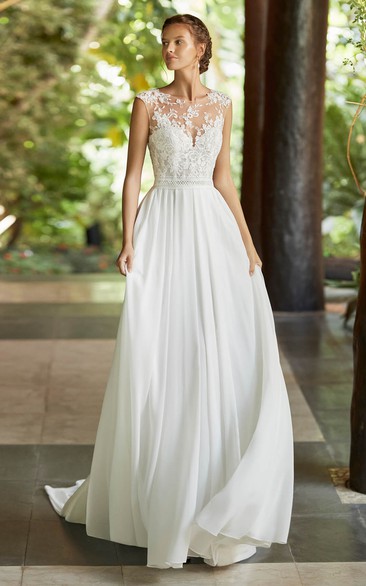 Deep V-back Ethereal Cap Sleeve And Court Train Lace Chiffon Simple Wedding Dress