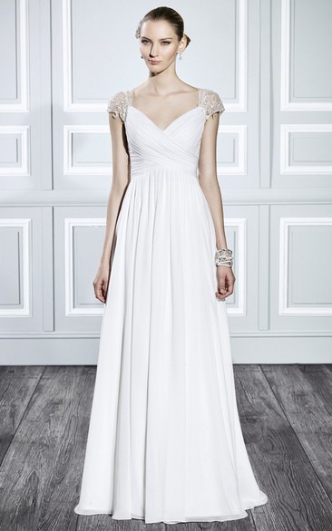V-Neck Maxi Criss-Cross Cap-Sleeve Chiffon Wedding Dress