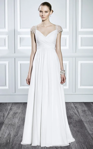 V-Neck Maxi Criss-Cross Cap-Sleeve Chiffon Wedding Dress