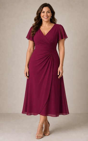 Claret Flutter Sleeve Wrap Tea-Length A-Line Dress