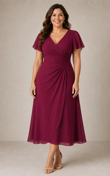 Claret Flutter Sleeve Wrap Tea-Length A-Line Dress