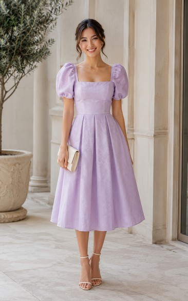 Lilac Square Neck Satin Puff Sleeve Tea-Length Dress