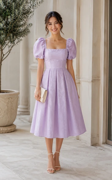 Lilac Square Neck Satin Puff Sleeve Tea-Length Dress
