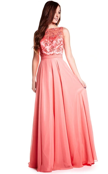 A-Line Long Bateau Sleeveless Appliqued Prom Dress With Illusion Back And Brush Train