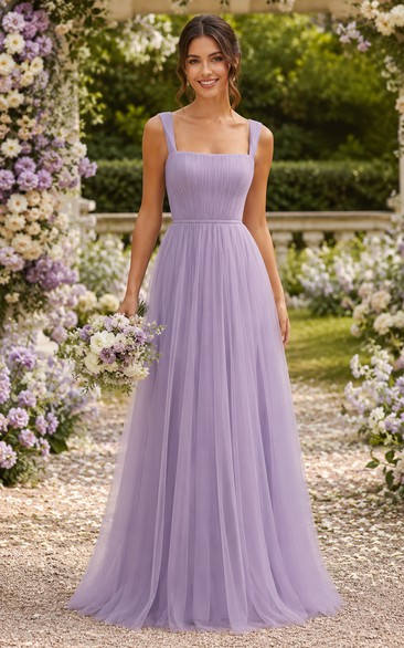 Lavender Square Neck A-Line Tulle Bridesmaid Dress