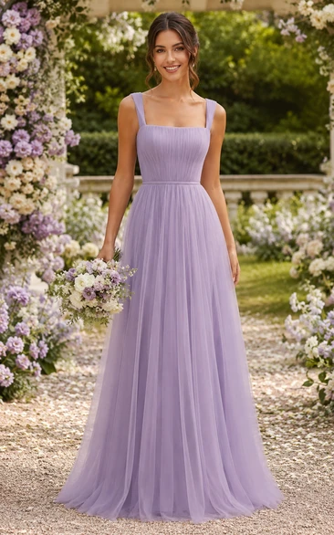 Lavender Square Neck A-Line Tulle Bridesmaid Dress