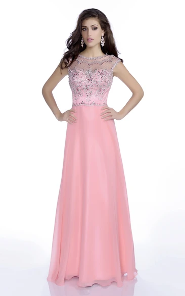 A-Line Cap Sleeve Chiffon Gown With Rhinestone Bodice