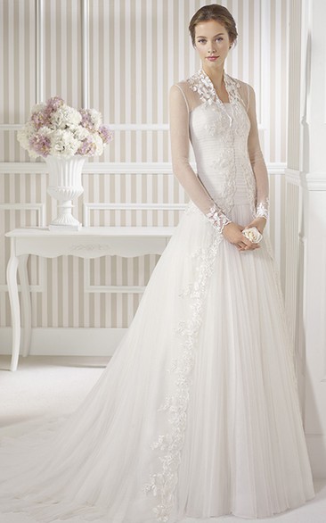 Long Long-Sleeve Appliqued Tulle Wedding Dress With Sweep Train And Illusion
