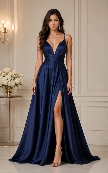 Dark Navy Satin Spaghetti Strap A-Line Formal Gown with Slit