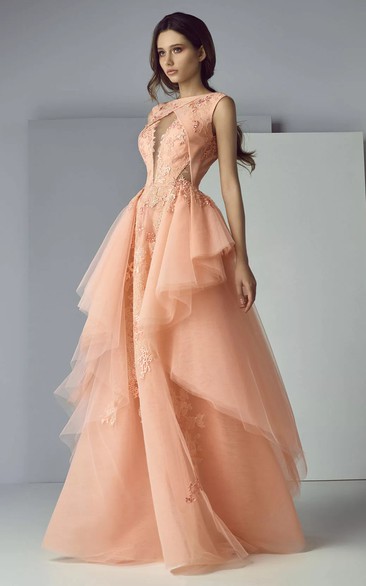 Bateau-neck Sleeveless Tulle A-line Keyhole Formal Draped Evening Dress