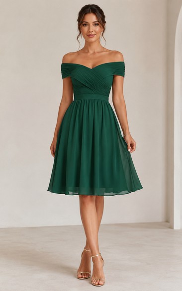 Short A-Line Knee-Length Off-the-Shoulder Short Sleeve Chiffon Homecoming Dress with Pleats