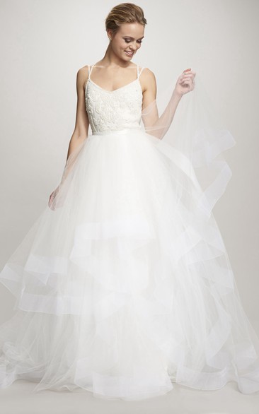 Ball-Gown Spaghetti Cascading-Ruffle Floor-Length Sleeveless Tulle Wedding Dress With Deep-V Back And Appliques