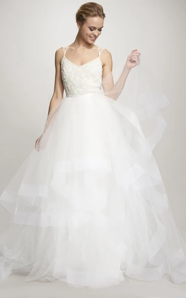Ball-Gown Spaghetti Cascading-Ruffle Floor-Length Sleeveless Tulle Wedding Dress With Deep-V Back And Appliques