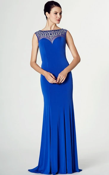 Beaded Sleeveless Bateau Neck Jersey Prom Dress With Brush Train