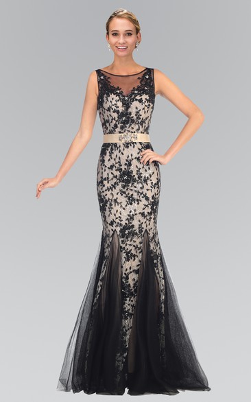 Mermaid Scoop-Neck Sleeveless Tulle Deep-V Back Dress With Lace And Appliques