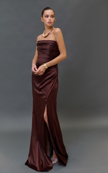 Strapless Sheath Ruched Front Split Floor-length Dress