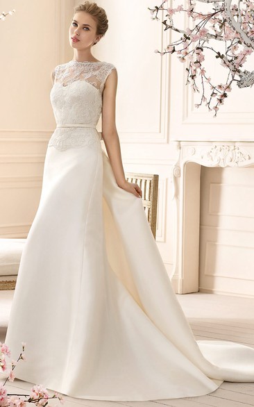 Sheath Sleeveless High-Neck Lace Long Satin Wedding Dress
