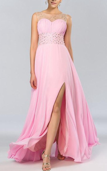 Attractive Bateau Beading Pearls A-Line Split-Front Long Prom Dress