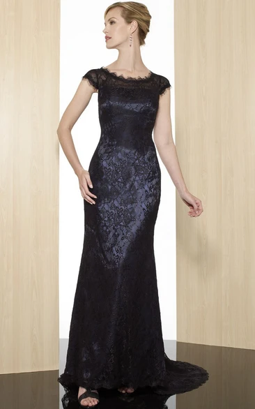 Sheath Cap-Short-Sleeve Appliqued Scoop Maxi Lace Formal Dress With Zipper Back And Sweep Train