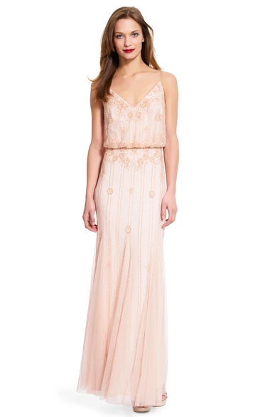 Sheath Long Spaghetti Tulle Bridesmaid Dress With Appliques And Zipper