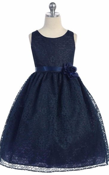 Tea-Length Floral Tiered Lace Flower Girl Dress