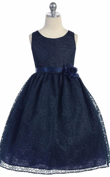 Tea-Length Floral Tiered Lace Flower Girl Dress