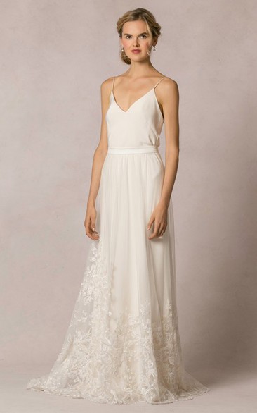 Sheath Floor-Length Appliqued Sleeveless Spaghetti Tulle&Lace Wedding Dress
