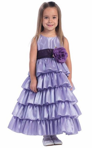 Ankle-Length Tiered Taffeta Flower Girl Dress