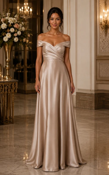 Champagne Satin Off-the-shoulder A-Line Bridesmaid Dress