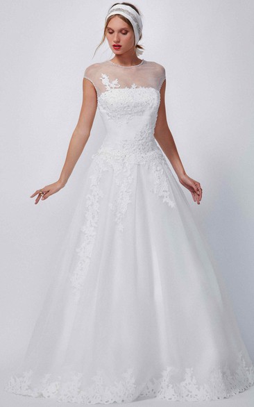A-Line Appliqued High-Neck Floor-Length Cap-Sleeve Organza Wedding Dress