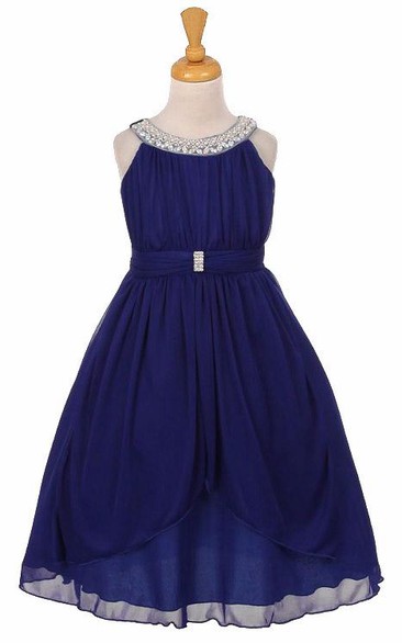Tea-Length Peplum Tiered Pleated Chiffon&Tulle Flower Girl Dress With Sash