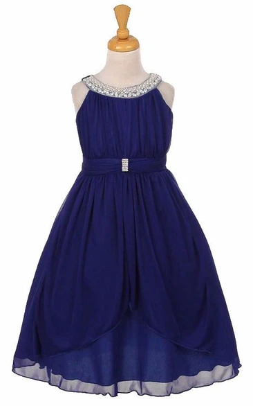 Tea-Length Peplum Tiered Pleated Chiffon&Tulle Flower Girl Dress With Sash