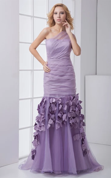 One-Shoulder Column Tulle Flower and Dress With Ruching