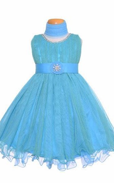 Tea-Length Jewel Pleated Tiered Tulle&Satin Flower Girl Dress