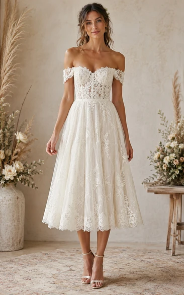 Vintage Summer A-Line Wedding Dress Off Shoulder Sweetheart Lace Tea-Length White
