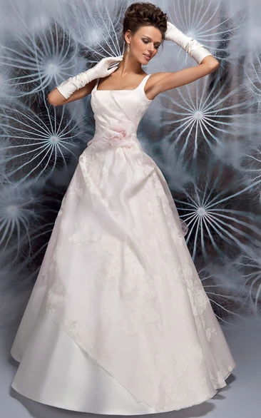 A-Line Sleeveless Long Ruffled Square Satin Wedding Dress With Pick Up And Flower