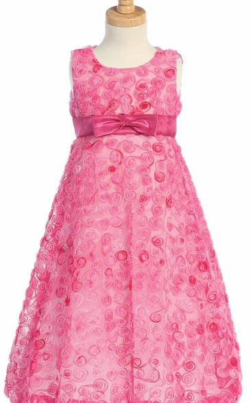 Tea-Length Bowed Sleeveless Tulle Flower Girl Dress