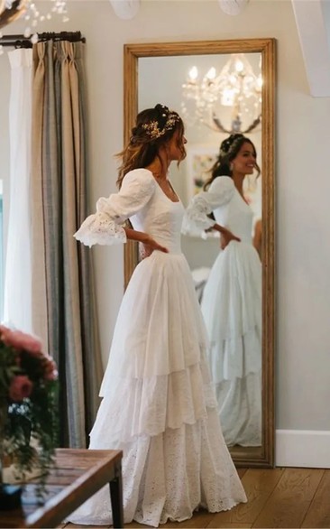 Boho Puff-Sleeve Tiered Eyelet Lace Wedding Dress