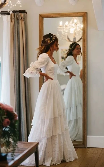 Boho Puff-Sleeve Tiered Eyelet Lace Wedding Dress