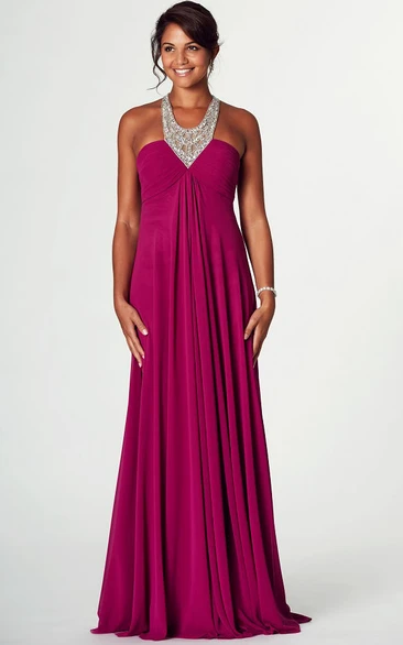V-Neck Beaded Sleeveless Empire Chiffon Prom Dress
